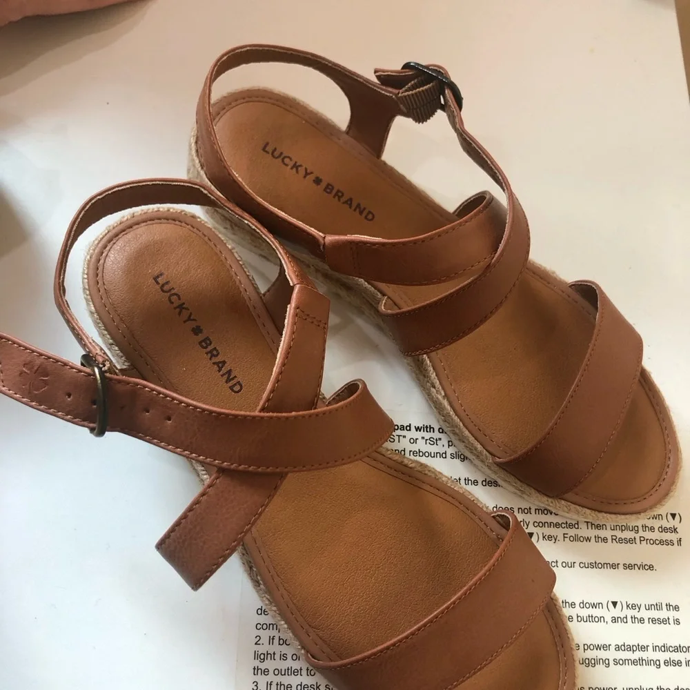 Lucky Brand Brown Espadrille Wedge Platform Sandals Leather Size 7